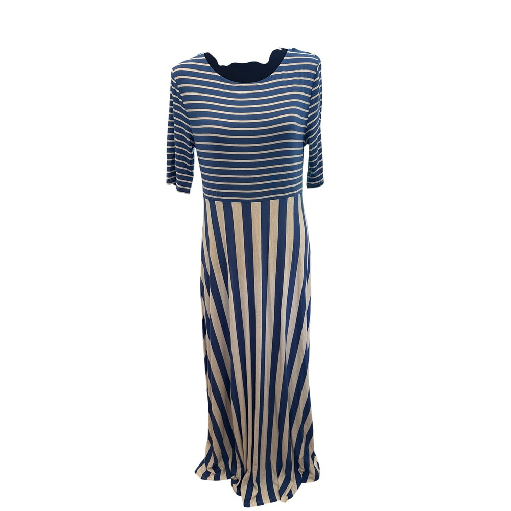 Matilda Jane Womens Blue White Mixed Stripe Short Sleeve Maxi Dress Size M NWT